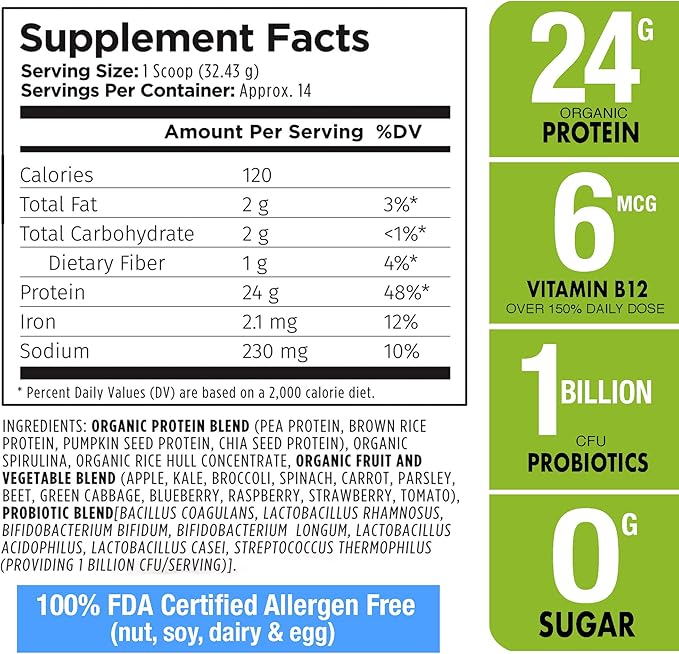 Plantvital Unflavored Organic Vegan Protein Powder 18 Superfoods, 16oz (Pack 2)