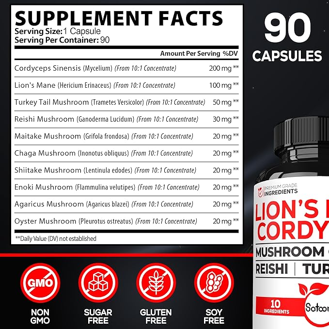 Satoomi 10in1 Cordyceps Mushroom Supplement 90 Capsules 90 Serving