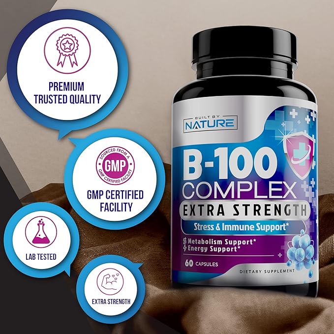 Vitamin B Complex B1, B2, B2, B3, B3, B5, B5, B6, B6, B7, B7, B9, B9, B12, B12, Folic B-100 Supplement 60 Capsules