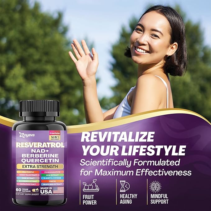 Resveratrol Supplement 12600mg NAD+ 100mg Milk 900mg Berberine 4000mg Fisetin 500mg Quercetin 800mg NAC 100mg Grape 400mg Green 400mg with (60 Caps)
