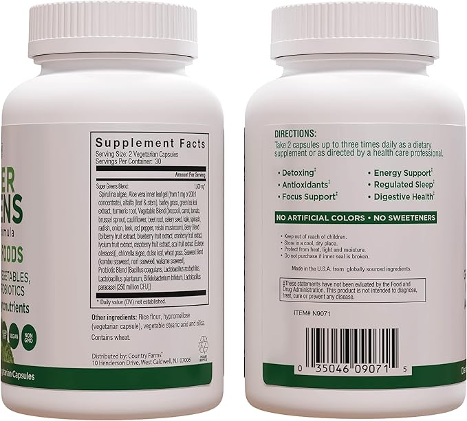 COUNTRY FARMS Super Greens Vegicaps, 32 Super Foods, Whole Food Supplement, Greens, Fruit, Vegetables, Mushrooms & Probiotics, Rich in Antioxidants & Phytonutrients, 120 Count, 60 Servings