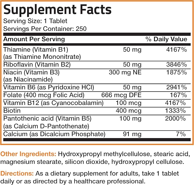 Bronson Super B Vitamin B Complex B1, B2, B2, B3, B3, B6, B6, B9 B9 - B12) Contains 250 Tablets