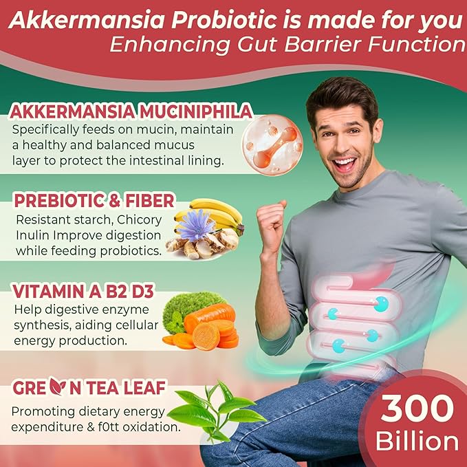 Akkermansia Probiotics Gummies with Prebiotics Fiber, 300 Billion AFU Akkermansia Muciniphila, with Polyphenol Fruits, Resistant Starch, Vitamin A D3 B2 for Metabolism, Digestive & Gut Health, 1Pack