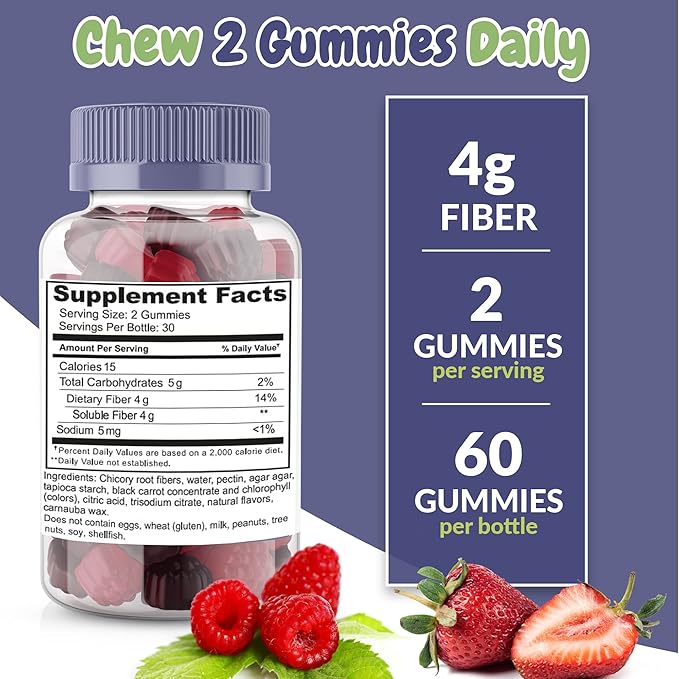 Mixed Berry Flavored Prebiotic Fiber Gummies - Supports Digestive System Through Gut Cleansing and Constipation Relief - Assists with Weight Loss Plan - Great Tasting and Easy to Swallow