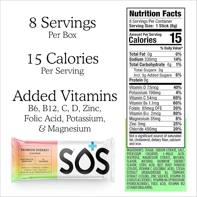 SOS Hydration Electrolyte Powder Packets, 8 Stick Packets (Rainbow Sherbert)