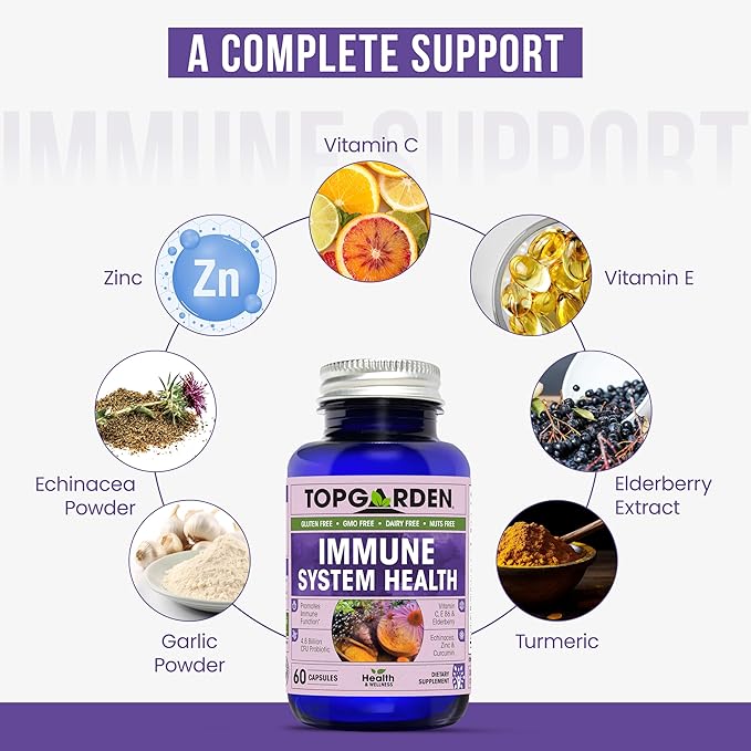 Immune System Health - Sambucus Elderberry, Vitamin C, Echinacea, Turmeric Curcumin, Garlic, Zinc & More for Adult's Wellness Support. Boost Your Body and Mind!