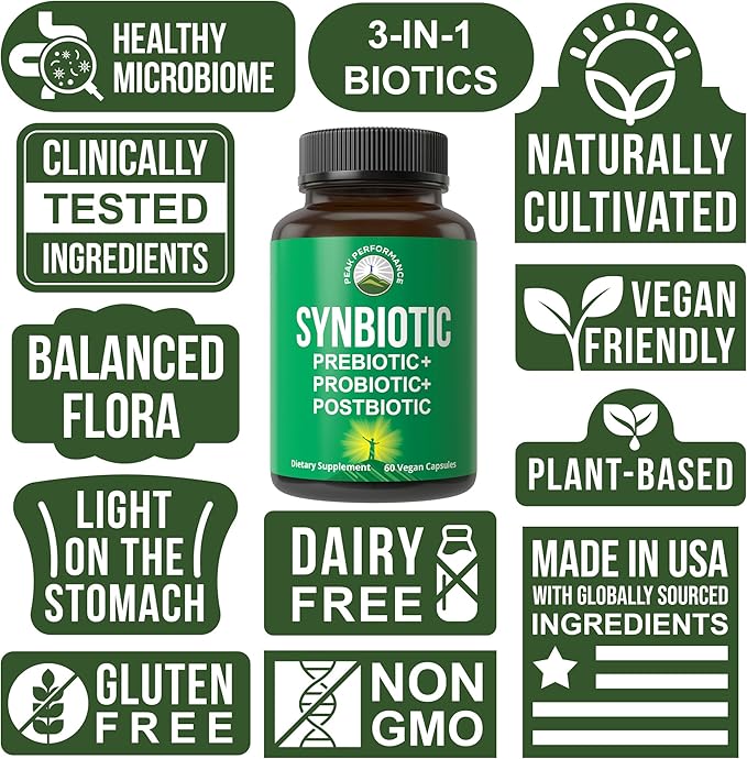 Synbiotic = Prebiotic + Probiotic + Postbiotic 3-in-1 Supplement with Clinically Tested Ingredients. Pre And Probiotics Plus Important Tributyrin Postbiotics For Gut. Vegan Capsules For Women + Men