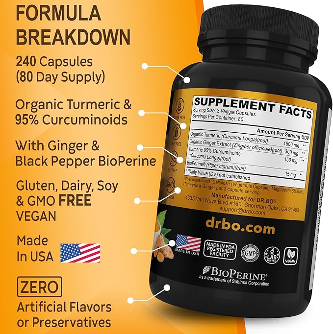 Turmeric Curcumin with BioPerine & Ginger Supplement 1950mg Organic 240 Capsules