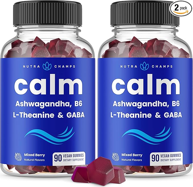 Calm Gummies | Stress Gummies Supplement with Ashwagandha, L-Theanine, GABA, Vitamin B6 & Lemon Balm | Supports Mood, Focus & Stress Relief | Vegan & Non-GMO | Natural Berry | 90 Gummies (2 Pack)
