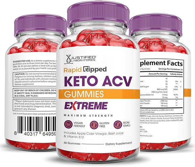 Justified Laboratories (5 Pack Rapid Ripped Keto ACV Gummies Extreme 2000MG Rapidripped Keto Gummies Apple Cider Vinegar Formulated with Pomegranate Beet Juice Powder B12 Vegan Non GMO 300 Gummys