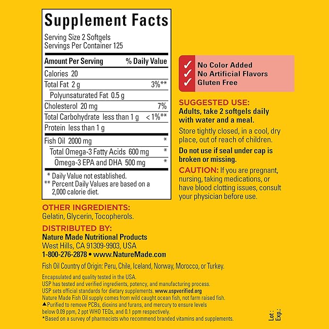 Nature Made Fish Oil 1000 mg 3 Fish 3 Supplement 250 Softgels, 125 Day