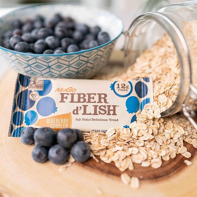 NuGo Fiber d'Lish Blueberry Cobbler, 12g High Fiber, Vegan, 150 Calories, 1.6 Ounce (Pack of 16)