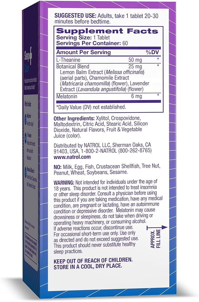 Natrol Sleep + Calm Melatonin 6mg 50mg and 60 Raspberry-Flavored 60 Day