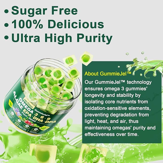 Vegan Omega 3 Gummies, Sugar Free 3 Fish 3-6-9 Fatty Omega-3 Gummies 60 Counts