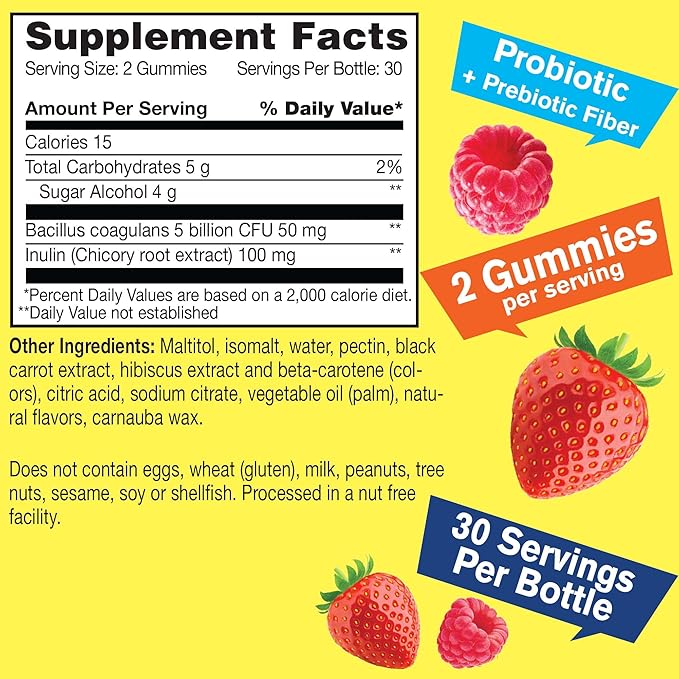 Sugar Free Probiotic with Prebiotic Gummies (5 Billion CFU) - Digestive Support, Gut Health, and Vaginal Support - Shelf Stable Probiotic Gummy, Prebiotics and Probiotics for Women and Men - 60 Count