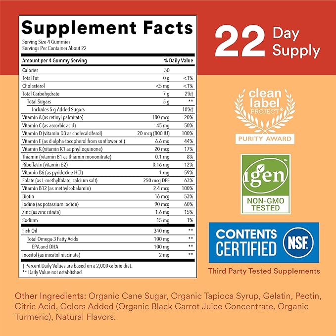 SmartyPants Kids Multivitamin Gummies: Omega 3 D3, C, B12, B6, B6, Vitamin 90 Count (22 Day