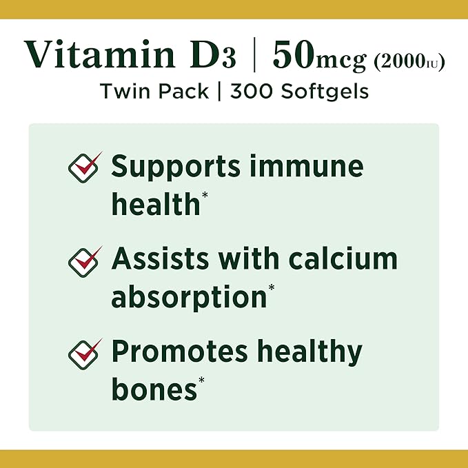 Nature's Bounty Vitamin D3, Vitamin Supplement, 50mcg, 2000IU,150 2000IU,150 Count 2)