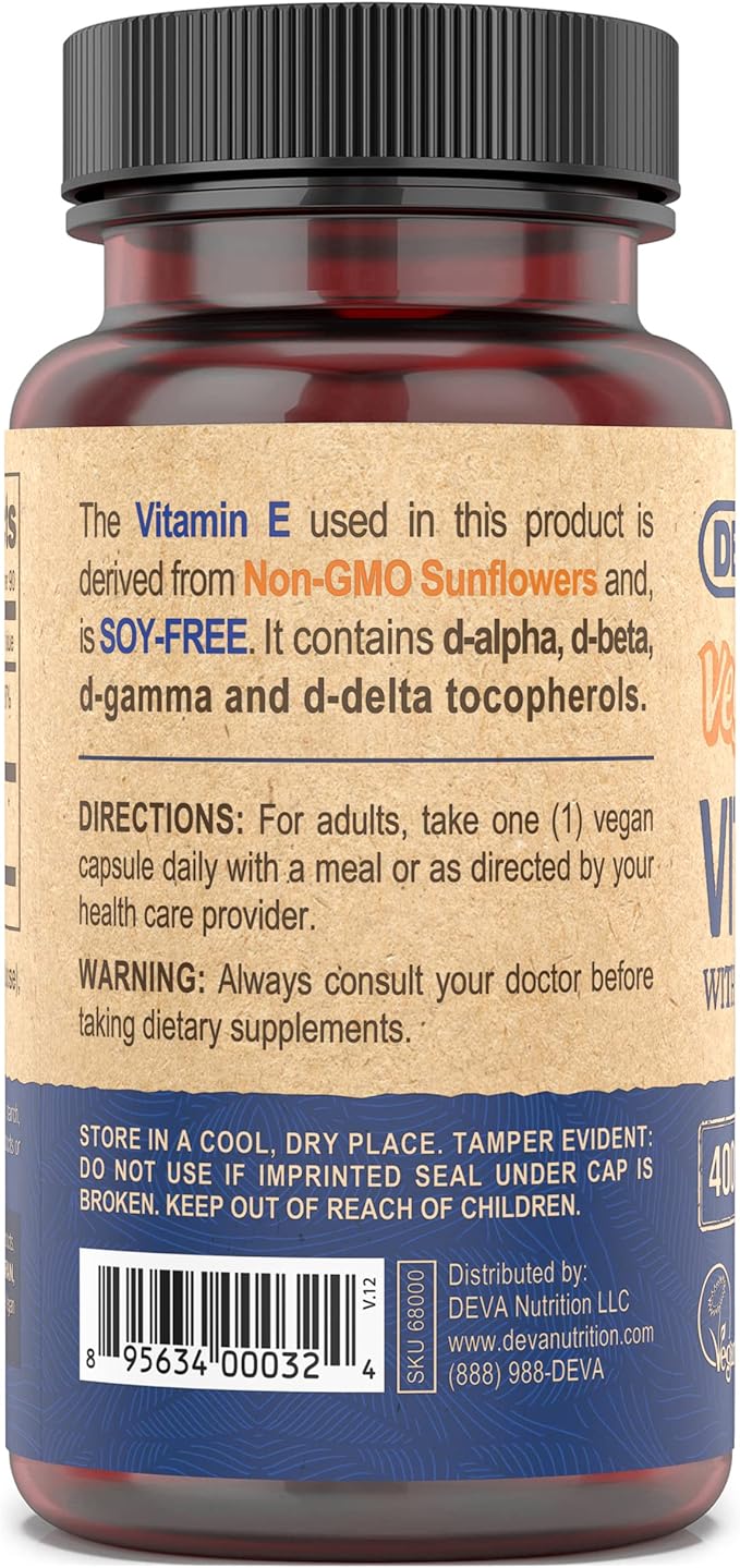 DEVA Vegan Vitamins Natural Vitamin E 400IU with 90 Capsules