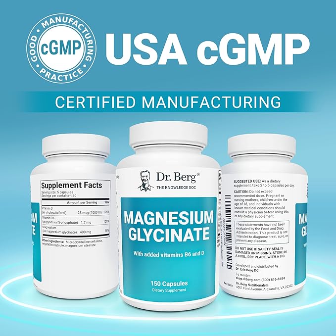 Dr. Berg Magnesium Glycinate 400 mg โ Chelated Magnesium Supplement with Vitamin D and B6 for Stress Support, Relaxation, and Good Sleep โ 150 Vegetable Capsules High Absorption for Overall Wellness