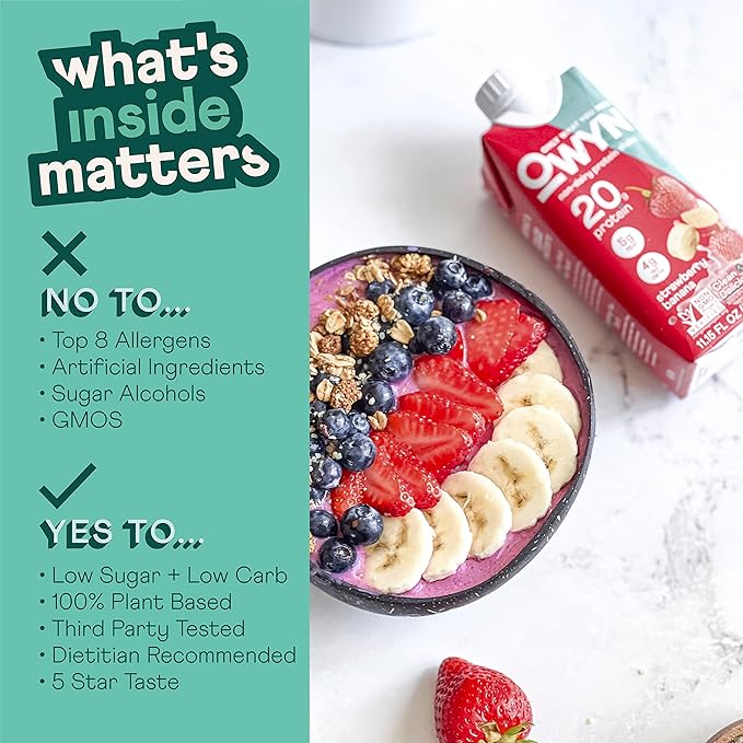 OWYN Only What You Need Vegan Protein Shake, Strawberry Banana, 20g Plant Based Protein, Omega-3, Prebiotic Supplements, Gluten-Free, Soy-Free, Non-GMO (36 Pack) (Packaging May Vary)