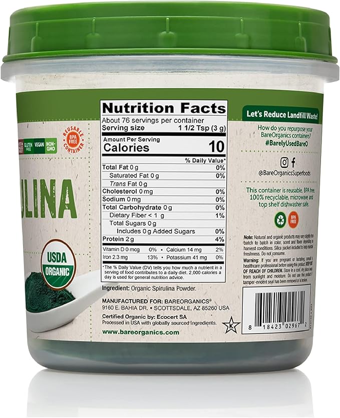 BareOrganics SPIRULINA Powder (Raw - Organic), 8 ounce (pack of 1)