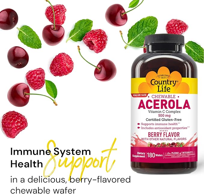 Country Life Acerola Vitamin C Complex, 500mg, Chewable 180 Wafers,