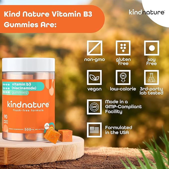 Kind Nature Vitamin B3 Niacin Gummies 500mg Supplement 3rd Party 1 Month 90 Chewable