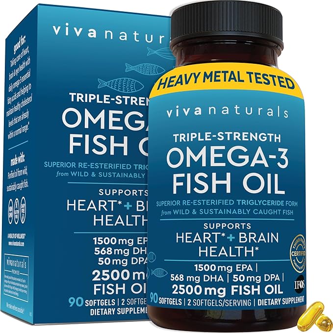 Viva Naturals Triple Strength Fish Oil 3 Supplement 2500 mg 3 Fatty 90 Pescatarian-Friendly