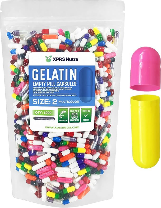 XPRS Nutra Size 2 Empty Capsules - 1000 Count Empty Gelatin Capsules - Empty Pill Capsules - DIY Capsule Filling - Pure Bovine Pill Capsules Empty Gel Caps (Multi Color)