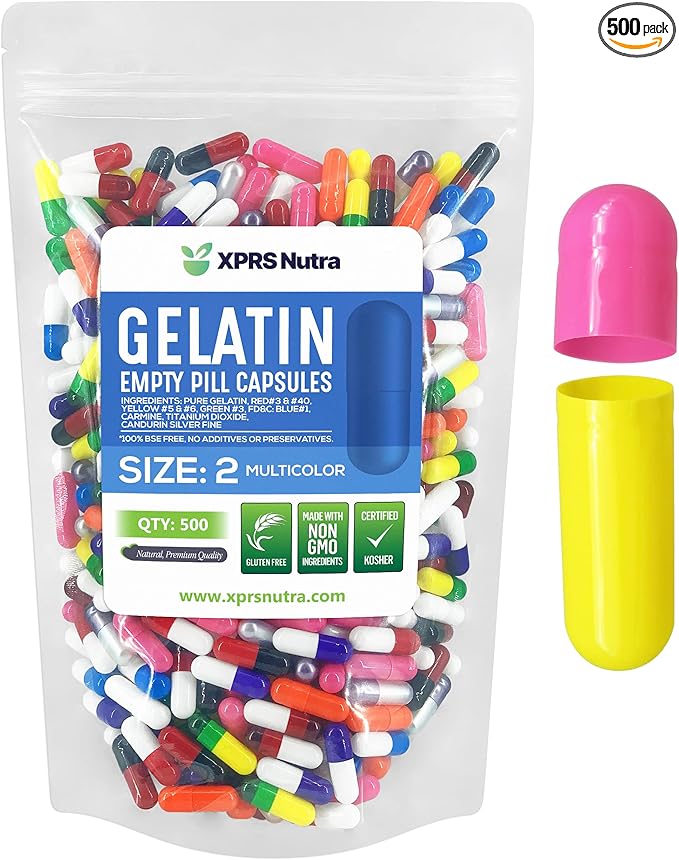 XPRS Nutra Size 2 Empty Capsules - 500 Count Empty Gelatin Capsules - Empty Pill Capsules - DIY Capsule Filling - Pure Bovine Pill Capsules Empty Gel Caps (Multi Color)
