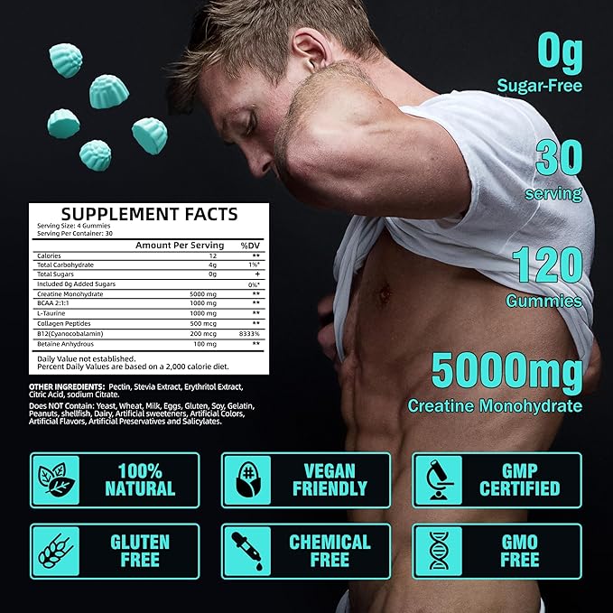 Creatine Monohydrate Gummies 5g for Men 120 Creatine 1000 mg, B12, Chewables 1Pack