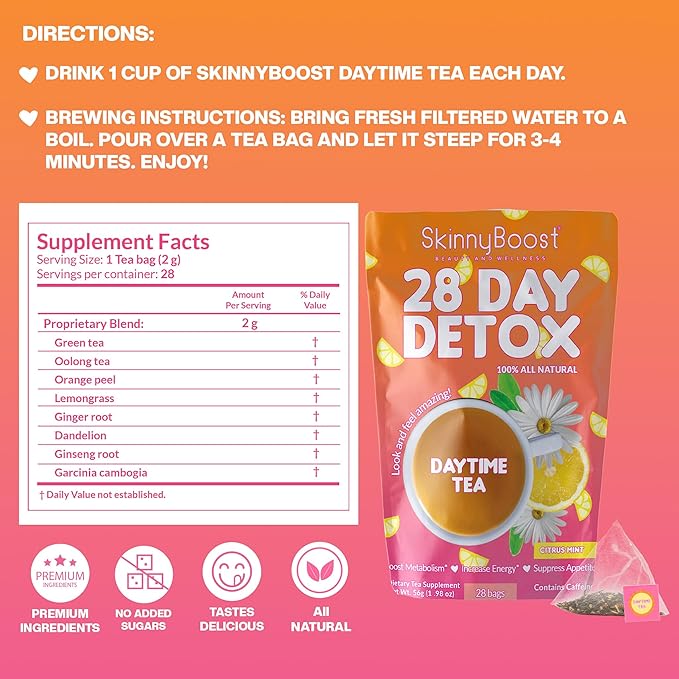 SkinnyBoost 28 Day Detox Tea Kit – Natural Cleansing & Bloating Support – 3 Pack - 28 Daytime Tea Bags & 14 Evening Tea Bags – Green Tea & Herbal Blend – Non-GMO, Vegan, Keto-Friendly, Sugar-Free