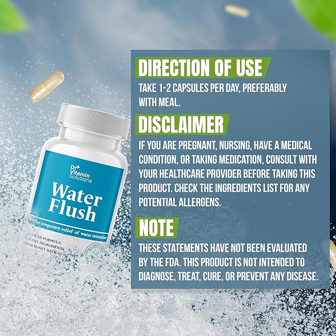 DR VITAMIN SOLUTIONS Diuretic Water Pills for Weight Control - Instant Relief from Bloat and Swelling - Green Tea, Cranberry, Dandelion Leaf Extract - Water Retention Pills for Women & Men, 120 Caps