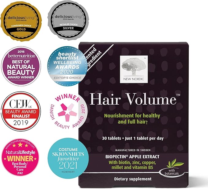 New Nordic Hair Volume Tablets, 3000 mcg Biotin & Biopectin Apple Extract, Hair Vitamins to Support Natural Hair Growth for Thicker, Fuller Hair, for Men and Women, 30 Count (Pack of 1)