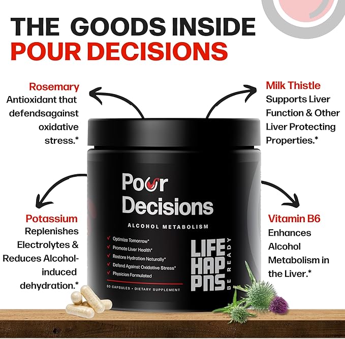 Life Happns Pour Decisions Liver Health Supplement with Milk Thistle, Vitamin B6, Electrolytes - Supports Hydration and Recovery, 60 Capsules