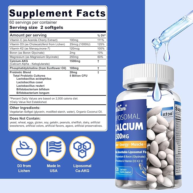 Liposomal Calcium AKG Supplement 1500mg D3 K2 K2 for 5 Billion 120 Softgels
