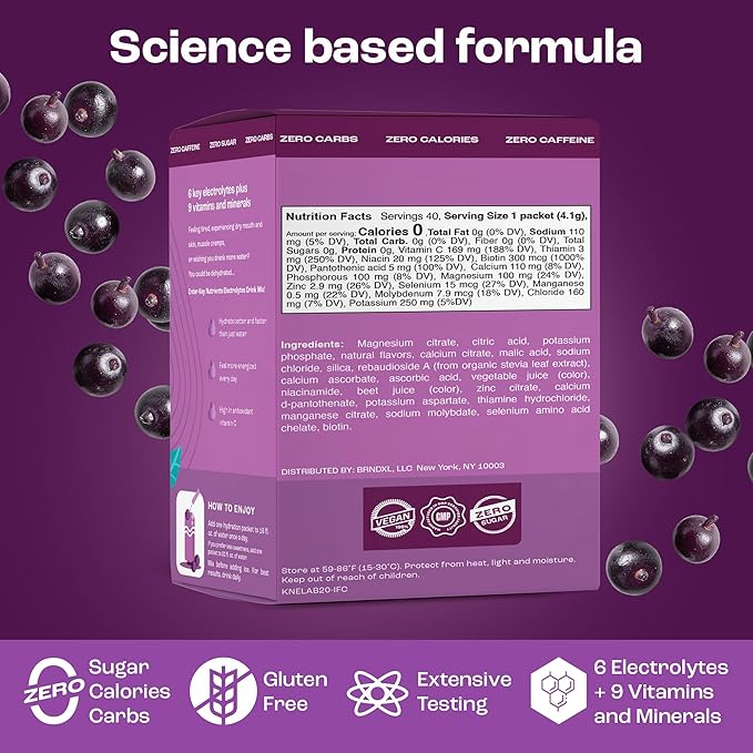 KEY NUTRIENTS Multivitamin Electrolytes Powder Packets - Delicious Acai Berry 40 Pack Hydration Packets - Travel Hydration Powder - No Sugar, No Calories, Gluten Free - Made in USA