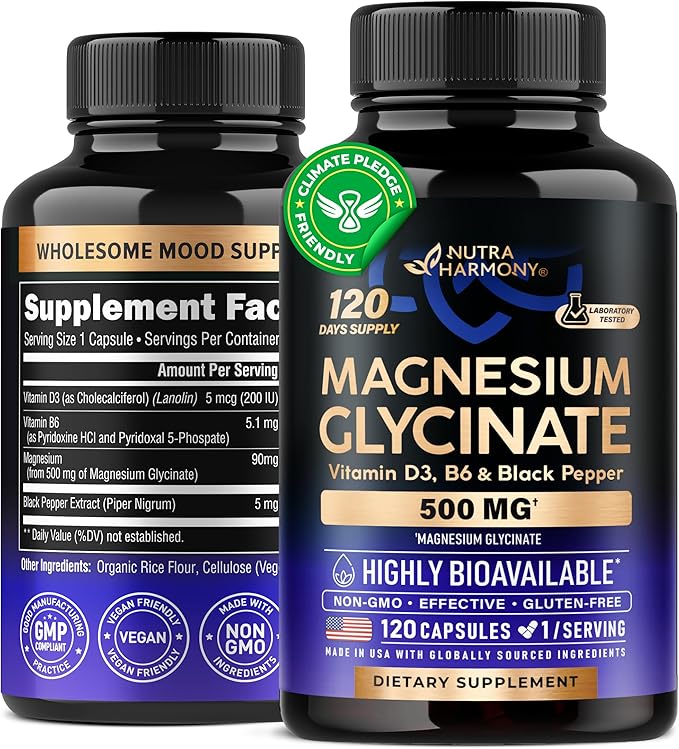 Magnesium Glycinate 500 mg D3 & B6 - 98% Absorption 120 Capsules, 4 Month