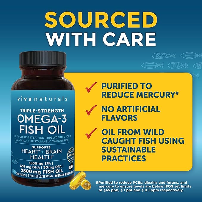 Triple Strength Omega 3 Fish Oil Supplement 2500 mg 3 Fatty 180 Pescatarian-Friendly