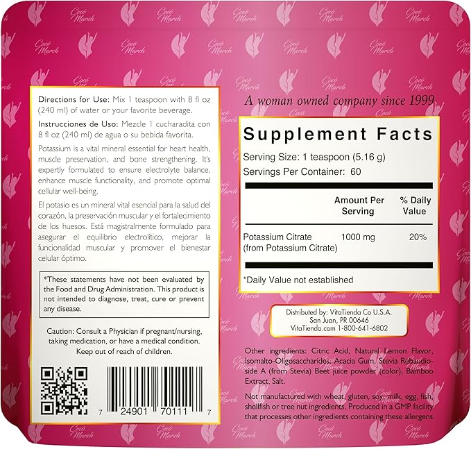 Pink Potassium Powder by Cocó March – Supports Heart Health, Muscle Function, and Bone Health. Gluten Free, Dairy Free, Non-GMO, Soy Free, Vegan, Keto Friendly – 10.86 oz (309.6 g)