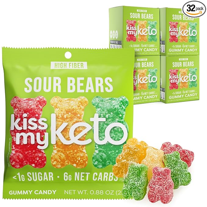 Kiss My Keto Gummies Candy – Low Carb Candy Sour Bears, Keto Snack Pack – Healthy Candy Gummys – Vegan Candy, Keto Gummy Candy – Keto Candy Gummies (32-pack)