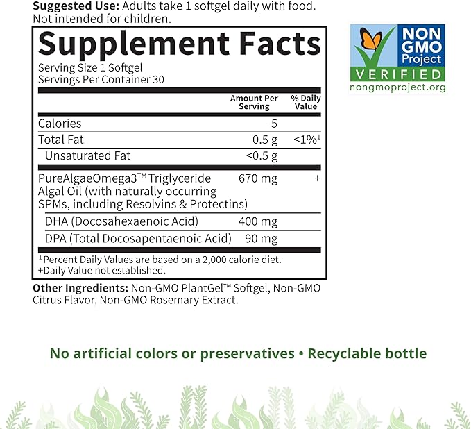Garden of Life Omega 3 Vegan 400mg DHA 90mg DPA 3 Supplement 30 Softgels