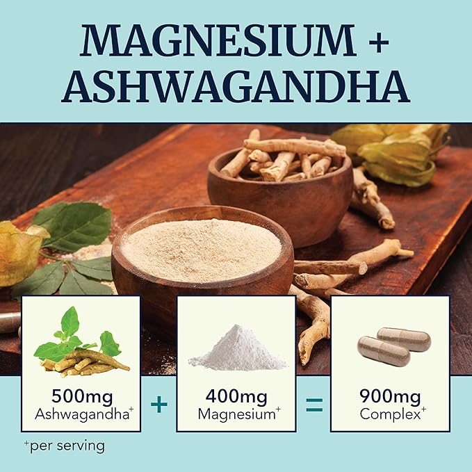 Magnesium Ashwagandha | Calming Magnesium Supplement for Adults | Relax, Rest, Calm Mood & Sleep Support | Mag Citrate & Oxide 400 mg + Ashwagandha 500 mg | Muscle Health & Stress Relief | 120 Ct