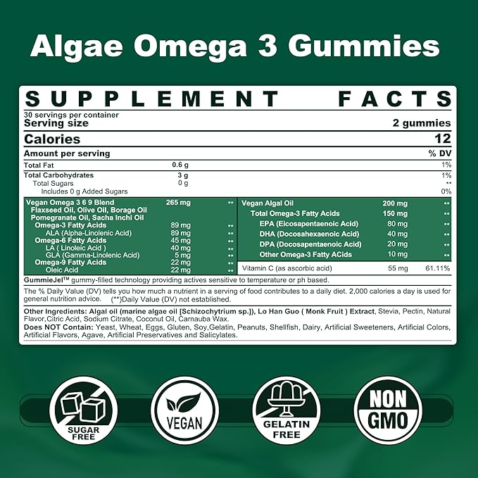 Vegan Omega 3 Gummies, Sugar Free 3 Fish 3-6-9 Fatty Omega-3 Gummies 60 Counts