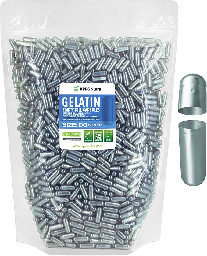 XPRS Nutra Size 00 Empty Capsules - 5000 Count Empty Gelatin Capsules - Empty Pill Capsules - DIY Capsule Filling - Fillable Pill Capsules Empty Gel Caps (Silver)