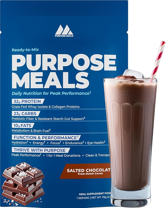 Meal Replacement Shake Powder, Grass Fed Whey Protein Isolate & Collagen, Prebiotics Gut Health, Electrolytes, Organic Mushrooms, Breakfast, Lunch, Post-Workout (1 Meal Travel Pack, Salted Chocolate)