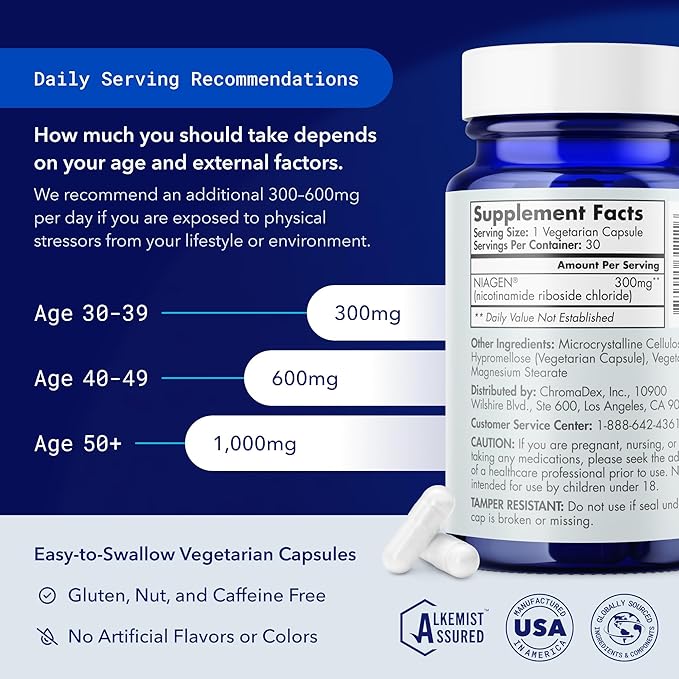 TRU NIAGEN Patented NAD Supplement for Anti Aging and Cell Regeneration, 300 mg Niagen, 30 Servings | Supports Cellular Energy, Brain, Muscle | Nicotinamide Riboside (NR) Take 1 Daily | 1 Bottle