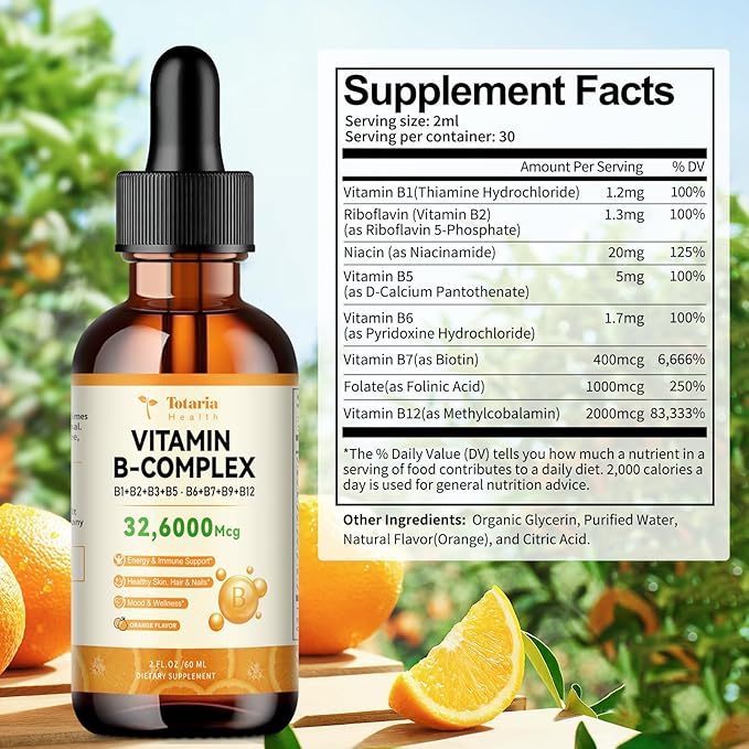 Totatria Vitamin B Complex Liquid Drops 32,6000mcg per B1, B2, B2, B3(Niacin), B3(Niacin), B5, B5, B6, B6, B7(Botin), B7(Botin), B9, B9, B12 B12 for 2 FL.OZ