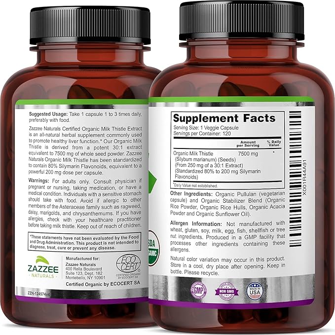 Zazzee USDA Organic Milk Thistle 30:1 7500 mg 120 Vegan 80% Silymarin 30X Extract, 100% Vegetarian,