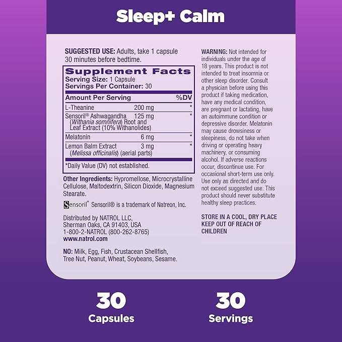Natrol Sleep+ Calm Melatonin 6mg 30 Capsules, 30 Day